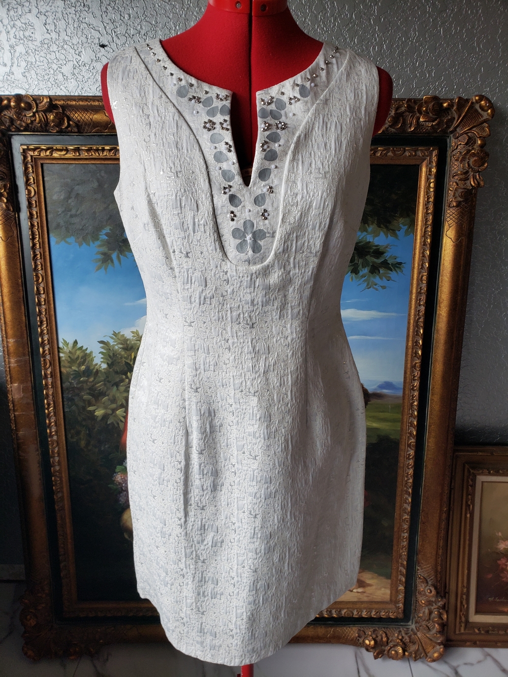 Helene Blake Embellished Ivory Mini Dress with V-Notch Neckline